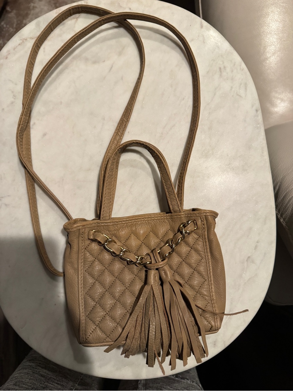Quilted leather Tassel Mini Crossbody Bag in Tan